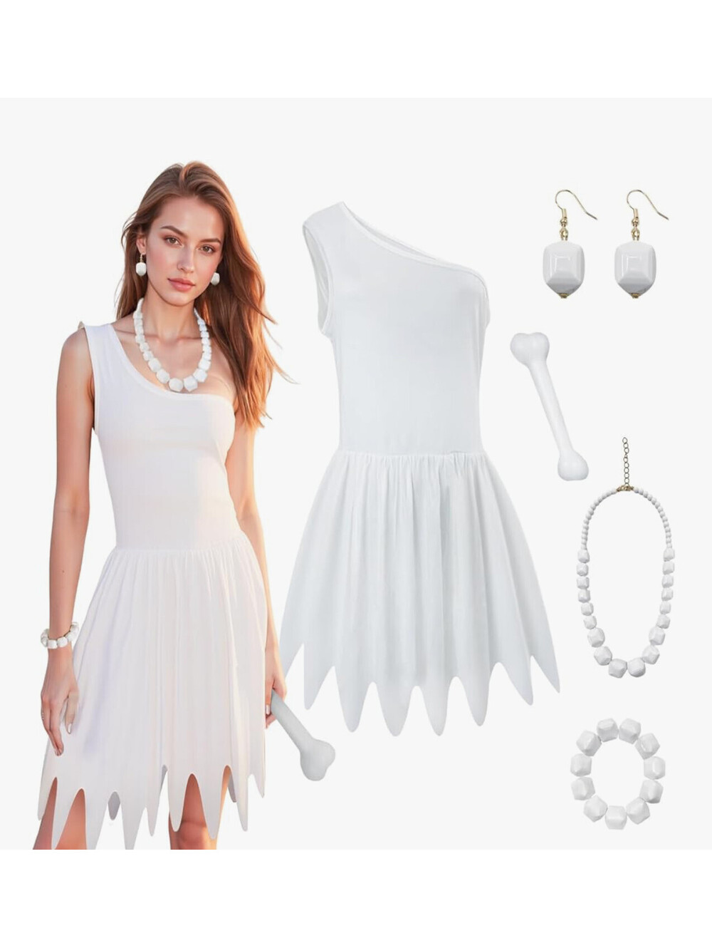 White Caveman Halloween Costume Women One Shoulder Dress & Accessories XL